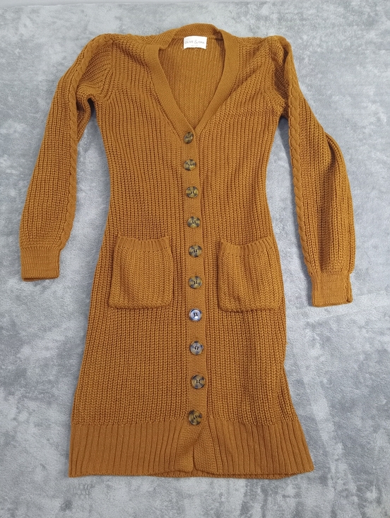 Olive & Oak Sweaters - Olive & Oak Womens Petite Long Button-Front Knit Cardigan in Mustard Size PS